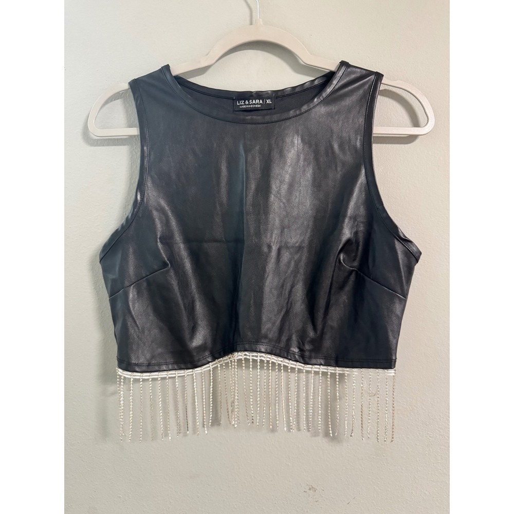 Liz‎ & Sara Black Faux Leather Rhinestone Fringe Crop Top Tank XL Concert Edgy